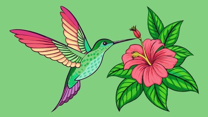 Hummingbird and flowers illustration on white background