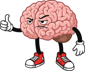 Cartoon Brain Character with Thumbs Up Gesture, Expressing Approval, Intelligence, and Mental Positivity
