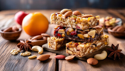 Fototapeta premium stacked gourmet nut and fruit bars with a rustic wooden background