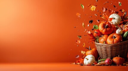 A vibrant autumn scene features a bountiful basket filled with pumpkins and colorful leaves, capturing the essence of harvest season and celebratory fall festivities.