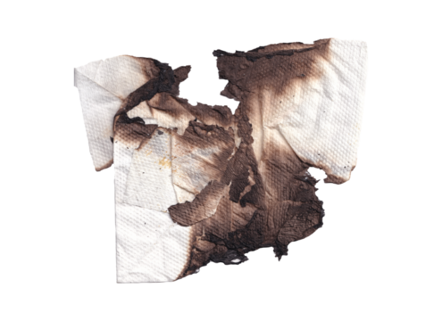 Tissue Paper Heavily Stained and Burnt White Paper Towel with Rough Edges, Isolated Grunge Texture