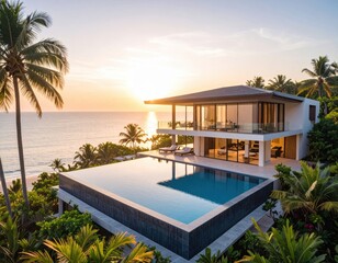 Fototapeta premium Luxury villa with infinity pool overlooking the ocean at sunset