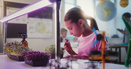 Elementary School Girl Sitting at Table, Growing Experimental Microgreens, Using Tweezer and...