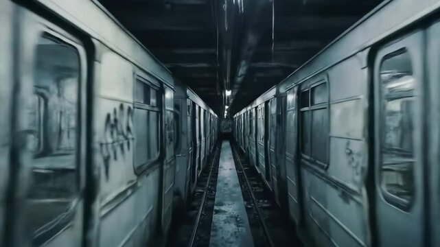 Two subway trains move through a dark tunnel towards each other on parallel tracks