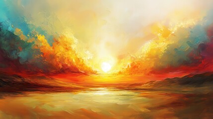 Obraz premium A vibrant sunset landscape painting, showcasing dynamic colors and brushstrokes.
