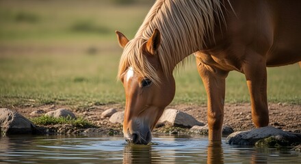 Palomino Horse Drinking Water, Reflecting in Calm Pond, Natural Light