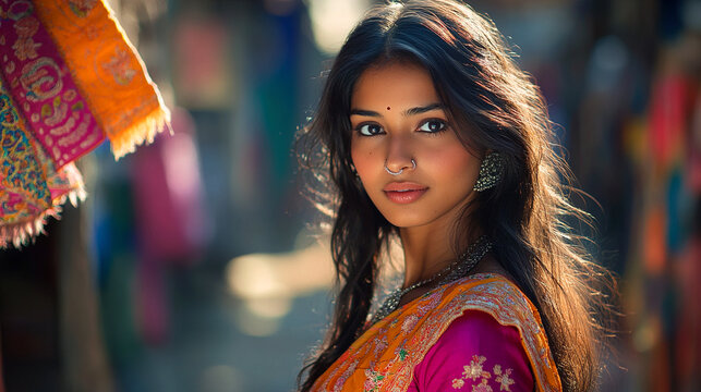 Portrait of a beautiful indian woman adorned in traditional attire with a bindi and nose ring in a vibrant marketplace setting