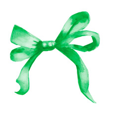 Green ribbon Bow watercolor illustration. Hand drawn graphic clip art on white isolated background. Watercolor drawing for birthday gift decoration, design of greeting cards and invitations