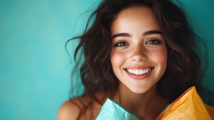 A cheerful young woman graces the camera with her radiant smile while holding colorful candy packages, embodying the essence of joy and celebration against a vibrant backdrop.