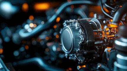 Obraz premium A detailed close-up of a modern engine showcasing its complex design and sleek finishes, capturing the essence of mechanical engineering and automotive innovation.