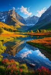 Fototapeta premium The mountain is reflected in the lake surrounded by grass and flowers