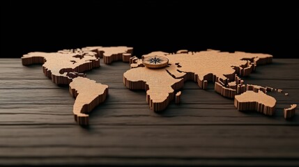 Textured wooden world map lies on dark surface, compass resting on region of europe and africa