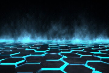 Obraz premium Abstract technology background with a glowing blue hexagonal grid floor and ethereal mist