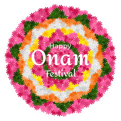 Colorful Pookkalam floral rangoli with Happy Onam Festival greeting. Traditional flower decoration made for Onam celebration in Kerala, India