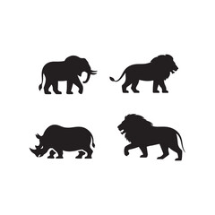 Simple Black Silhouettes of African Animals.Four silhouette icons of African animals—an elephant, a lion, a rhinoceros, and another lion—on a plain white background.