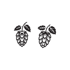 Two Vintage-Style Hop Cones Against a White Background.Two detailed, black and white illustrations of hop cones with leaves.