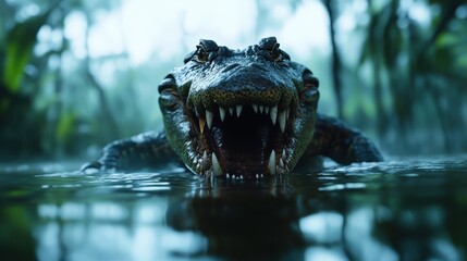 Obraz premium A fierce crocodile waits stealthily near the water's edge, showcasing its menacing teeth and primal instincts, highlighting the raw power and beauty of wildlife in nature.