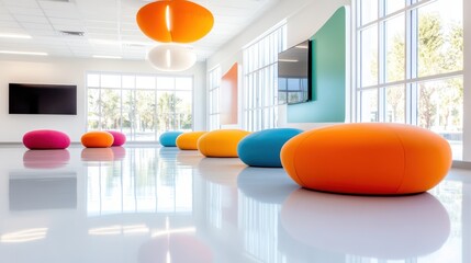 This contemporary office interior features vibrant bean bag seating, promoting a creative and collaborative work environment, perfect for informal meetings and relaxation.