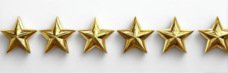 Six shiny gold stars in a row symbolizing top-tier quality, customer review, and achieving the highest performance.