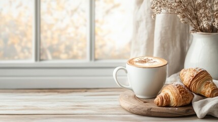 Obraz premium A serene coffee moment with a beautifully crafted latte and flaky croissants placed near a sunny window, conveying warmth and comfort perfect for a cozy morning experience.