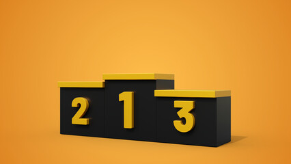 Award pedestal for first, second, third place. Empty winner podium on yellow background. Champions platform of competition for victory ceremony.