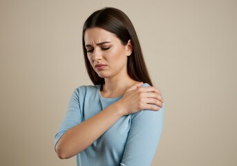Obraz premium Young woman experiencing shoulder pain or discomfort