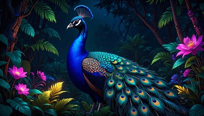 Fototapeta premium Majestic Peacock in Tropical Night.