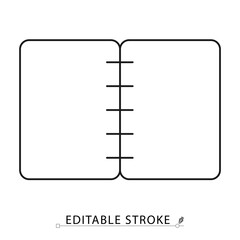 Sketchbook icon in minimal line style with editable stroke. Open spiral notebook, blank drawing book, creative element for art visuals, illustration design, note keeping and planning concept.