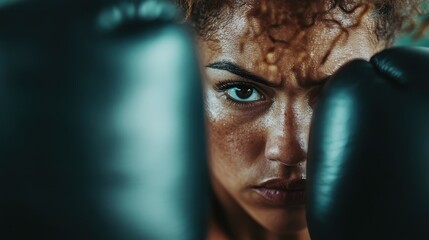 A fierce close-up of a focused boxer behind gloves illustrates determination and strength, epitomizing the essence of commitment, discipline, and the fight against adversity.