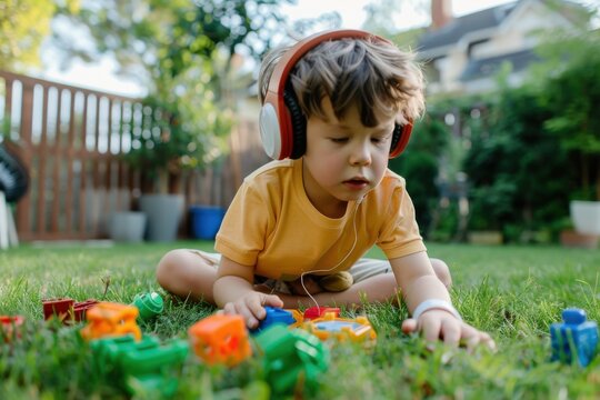 Autistic child wearing headphones quietly playing outside surrounded by toys
- Powered by Adobe