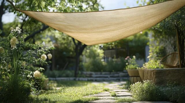 Sunshade over garden path with lush greenery and flowers.