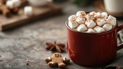 A cozy scene featuring a red mug filled with hot chocolate topped with fluffy marshmallows, complemented by gingerbread cookies, evoking warmth and comfort.