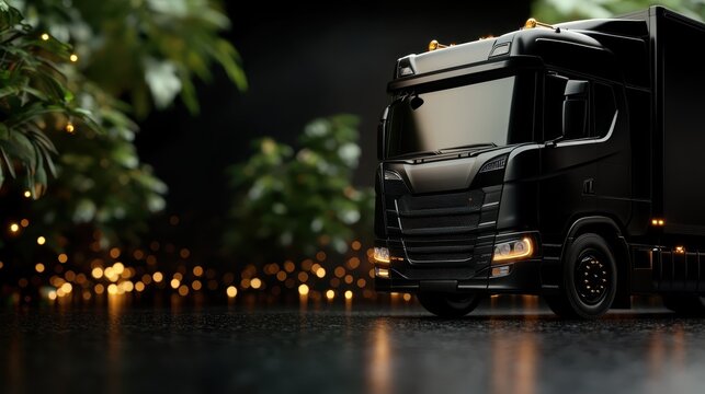 A modern black truck stands prominently against a dark backdrop, emphasizing its sleek design and powerful presence, perfect for showcasing automotive engineering.