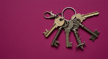 bunch of keys with keychain on a solid background