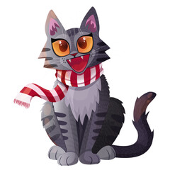 Vector illustration of a sitting cat. Kitten in a scarf. Smile. Happy facial expression. Cartoon kitten