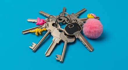 bunch of keys with keychain on a solid background