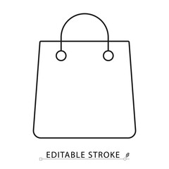 Shopping bag icon in minimal line style with editable stroke. Retail symbol, purchase container, market item for store visuals, commerce design, buying concept and consumer activity illustration.