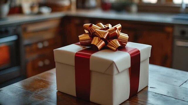 A white gift box with a burgundy and gold ribbon bow sits on a wooden table in front of a blurred kitchen scene