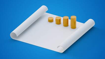 Growth financial business rise money cash currency. Wealth banking profit economy coin deposit stock exchange. Gold coins with blank paper strategy invest on blue background.