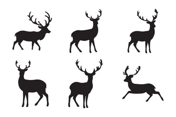 Deer silhouettes set vector illustration, black deer silhouette icon bundle