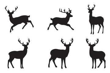 Black deer silhouette cutout. Set of elk animal silhouette on transparent background