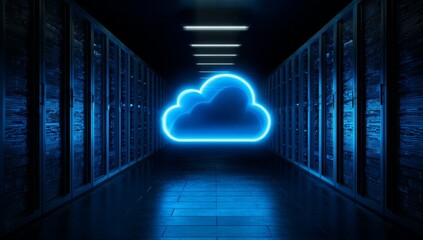 Futuristic glowing cloud symbol in a secure server room, illustrating advanced digital data storage and global network connectivity within a modern data center environment.