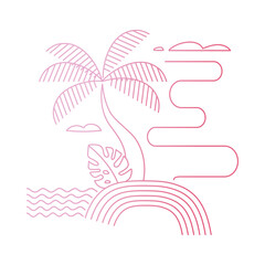 Minimalist summer tropical concept design. Linear simple Summer background with palms, beach and sea.