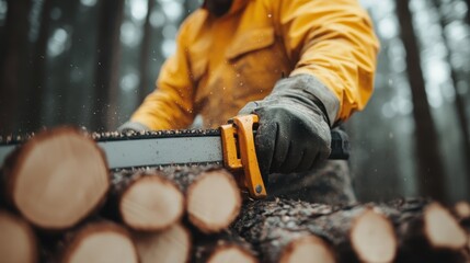 A focused lumberjack in a bright yellow jacket uses a chainsaw to cut through freshly stacked logs, capturing the essence of hard work and connection to nature in a forest setting.