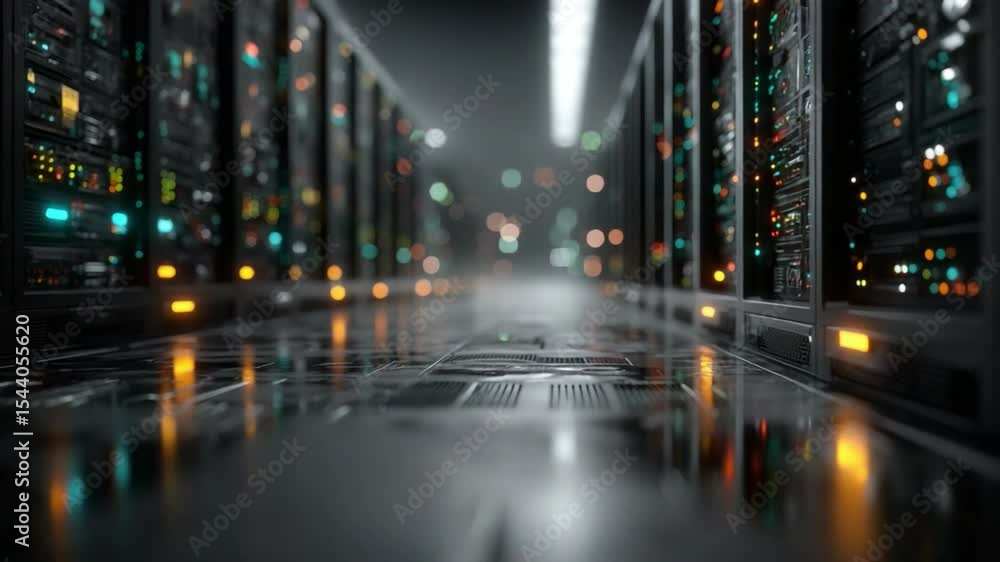 Poster data center corridor: a futuristic data center corridor, illuminated by rows of servers and a subtle