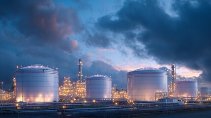 Chemical Plant in the Evening – Round Hydrogen Storage Tanks

