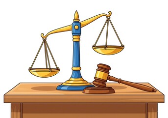 International Day of Justice. flyer, banner, poster. Vector image of scales and gavel of court on white background.
