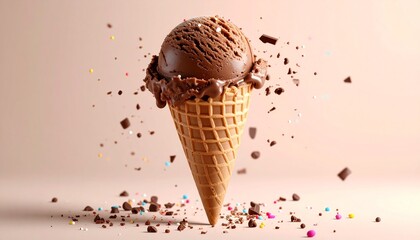 Chocolate ice cream in a waffle cone on a plain background with sprinkles and chocolate chips, for advertising with free space for text.