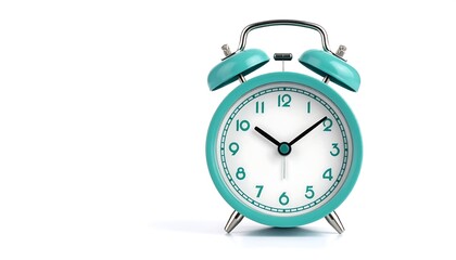 Teal alarm clock with white background.