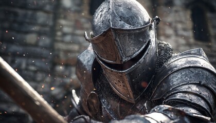 A valiant medieval knight in weathered plate armor, gripping a weapon with a fortress in the background